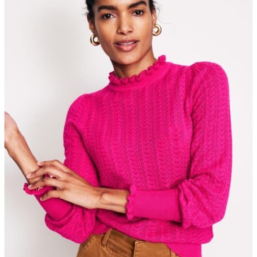 Boden Tia Pointelle Frilled Jumper Ruffle Neck- Hot Pink